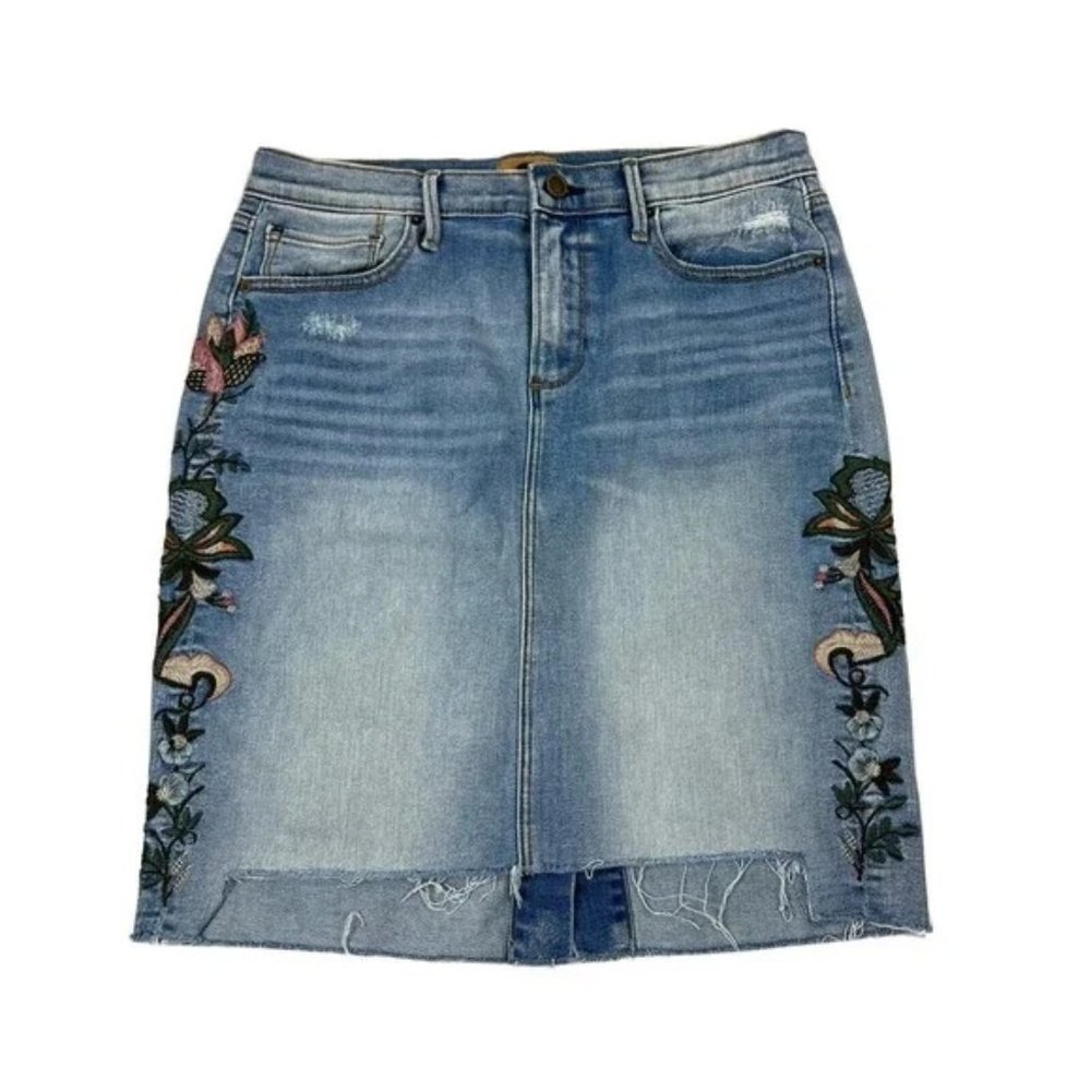 DRIFTWOOD Skylar Blue Denim Raw Hem Embroidered Floral Pencil Jean Skirt Size 28